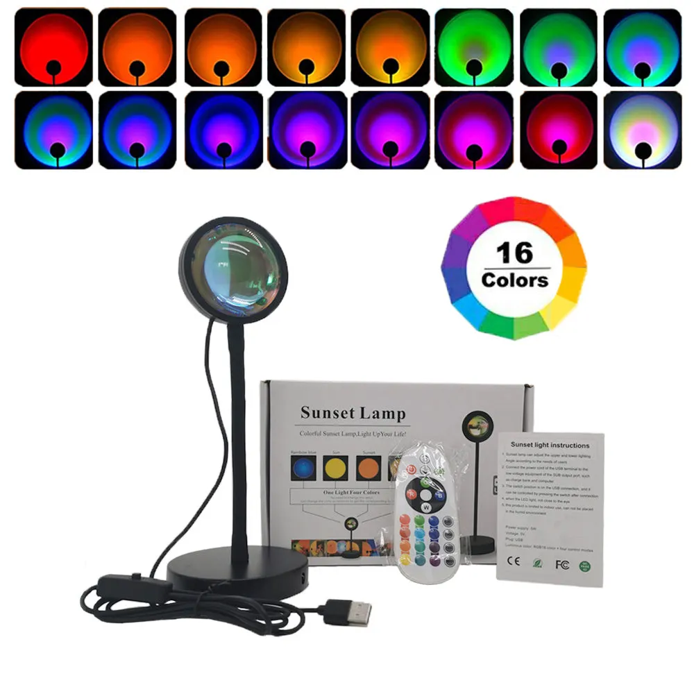 WiFi LED sunset projector light with 16 RGB colours, 360° rotation, glass lampshade, and touch switch