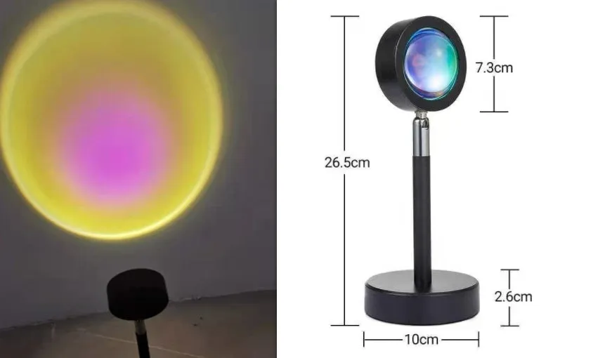 WiFi LED sunset projector light with 16 RGB colours, 360° rotation, glass lampshade, and touch switch