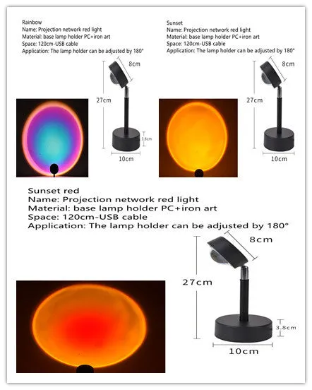 WiFi LED sunset projector light with 16 RGB colours, 360° rotation, glass lampshade, and touch switch