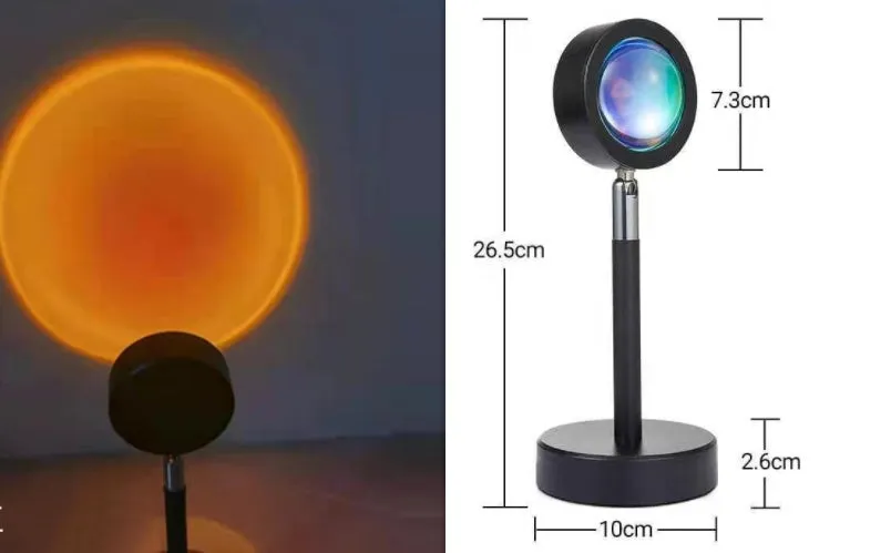 WiFi LED sunset projector light with 16 RGB colours, 360° rotation, glass lampshade, and touch switch