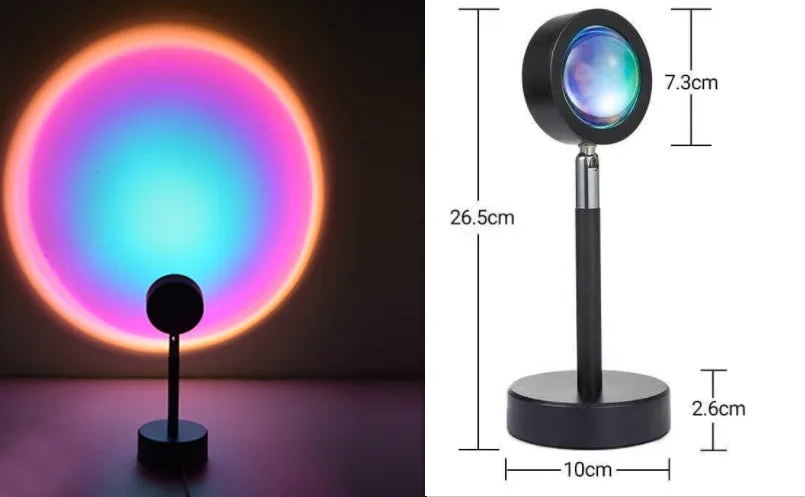 WiFi LED sunset projector light with 16 RGB colours, 360° rotation, glass lampshade, and touch switch
