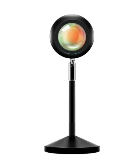 WiFi LED sunset projector light with 16 RGB colours, 360° rotation, glass lampshade, and touch switch