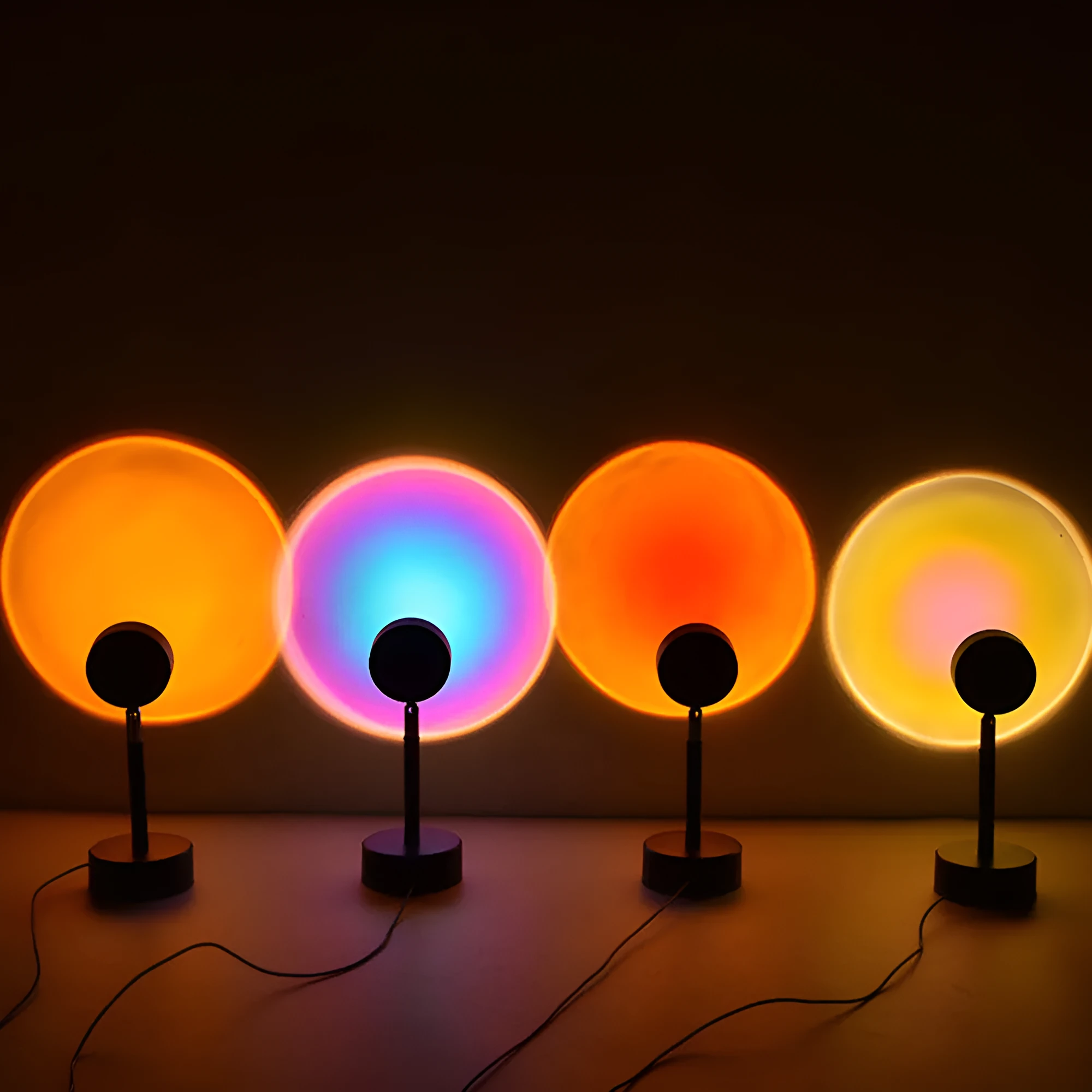 WiFi LED sunset projector light with 16 RGB colours, 360° rotation, glass lampshade, and touch switch