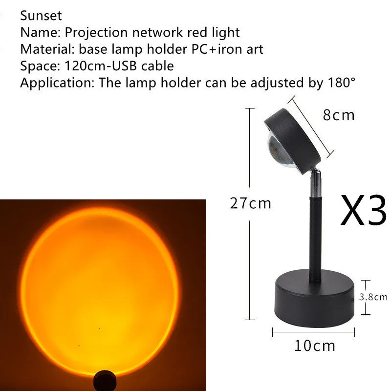 WiFi LED sunset projector light with 16 RGB colours, 360° rotation, glass lampshade, and touch switch