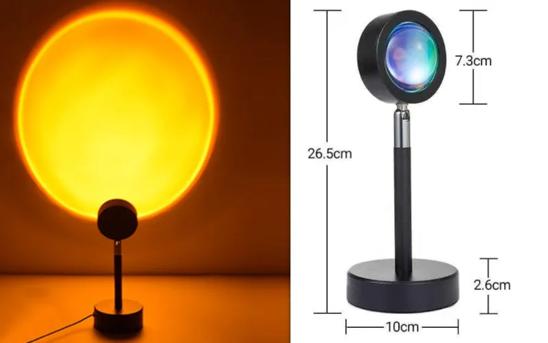 WiFi LED sunset projector light with 16 RGB colours, 360° rotation, glass lampshade, and touch switch