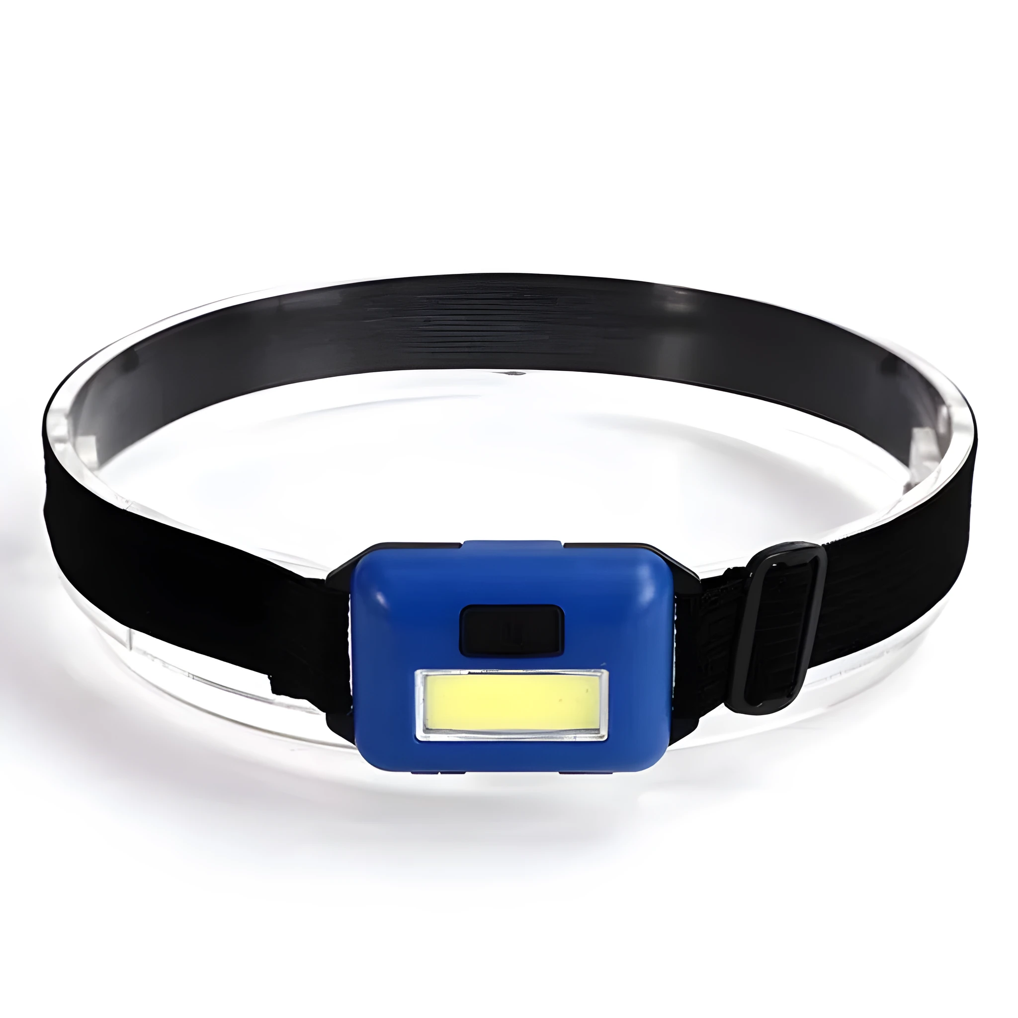 Compact outdoor mini LED headlight with headstrap in black, blue, or red colour.
