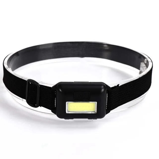 Compact outdoor mini LED headlight with headstrap in black, blue, or red colour.