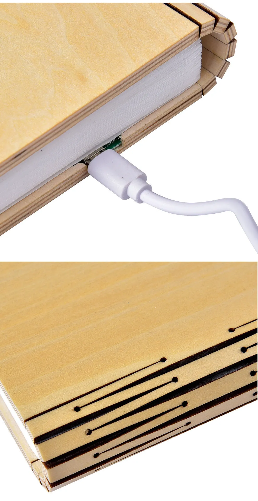Walnut wooden book light open with colour changing LED pages on a desk