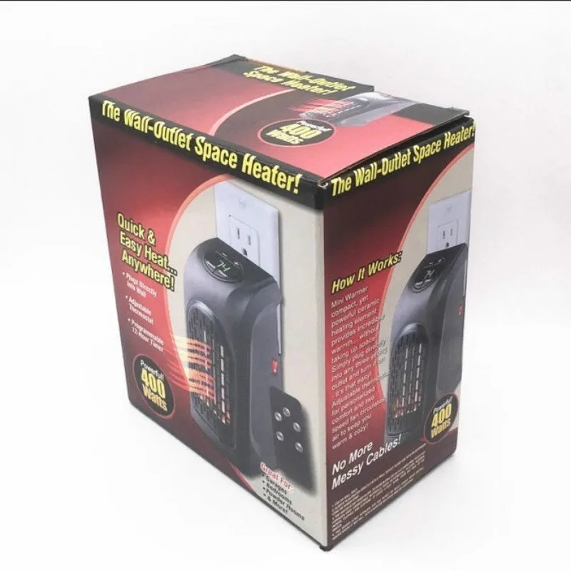 Flame retardant mini electric heater with 500W power and three speed settings on a desk