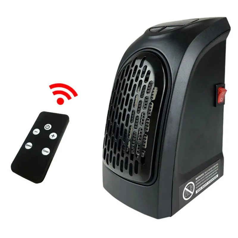 Flame retardant mini electric heater with 500W power and three speed settings on a desk