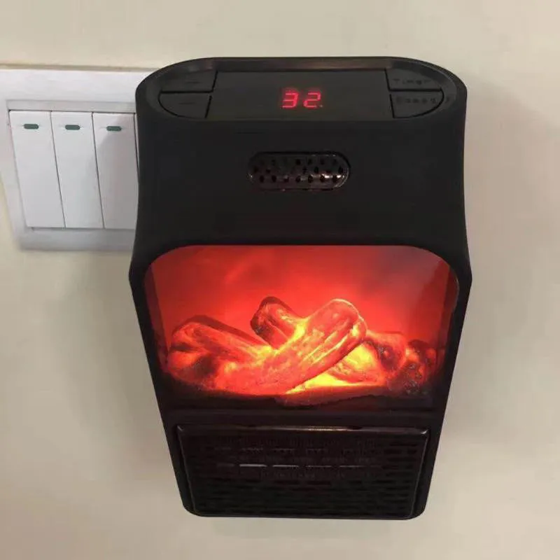 Flame retardant mini electric heater with 500W power and three speed settings on a desk