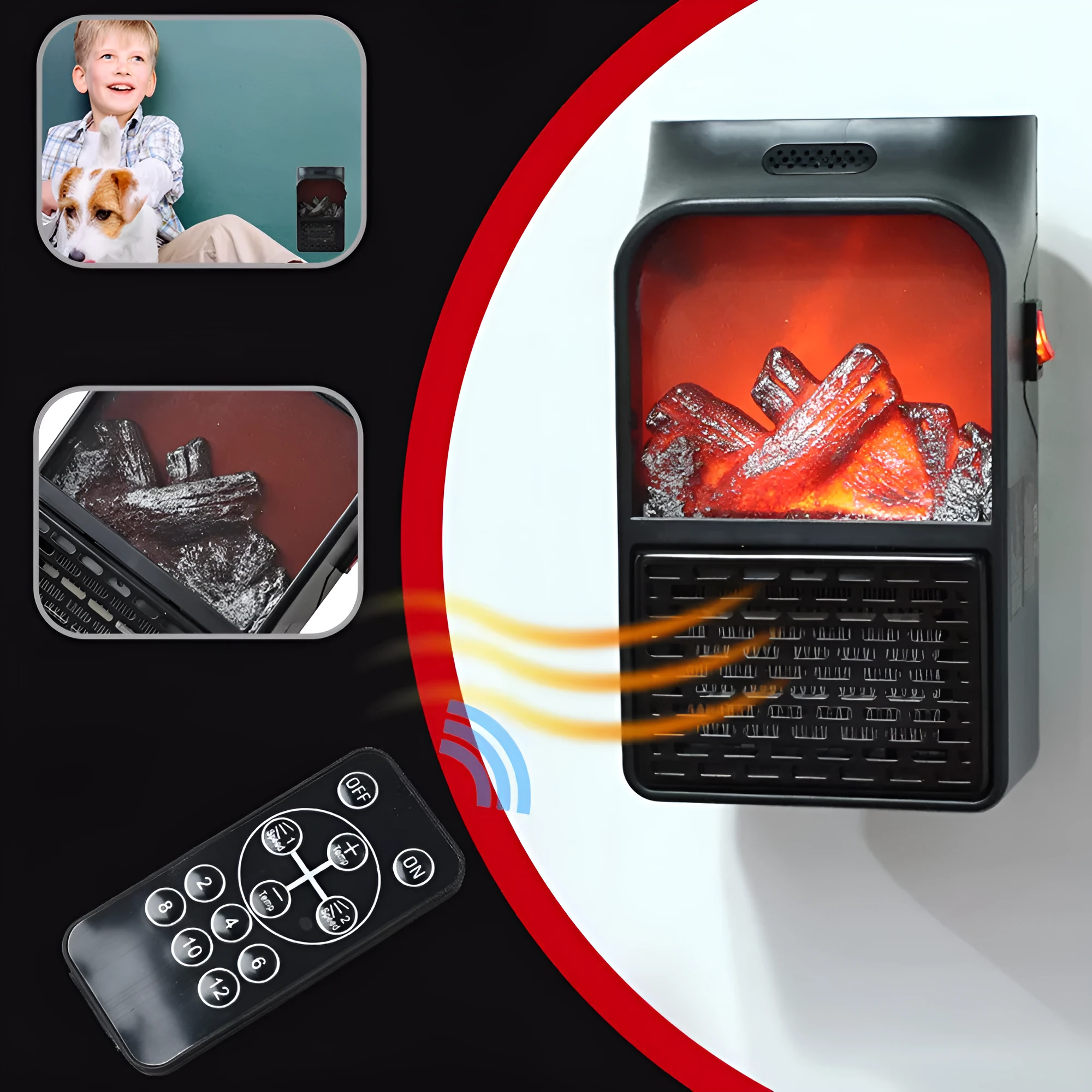 Flame retardant mini electric heater with 500W power and three speed settings on a desk