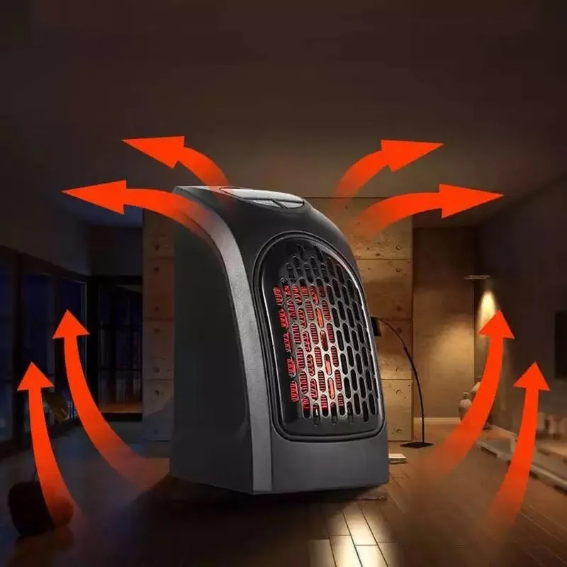 Flame retardant mini electric heater with 500W power and three speed settings on a desk