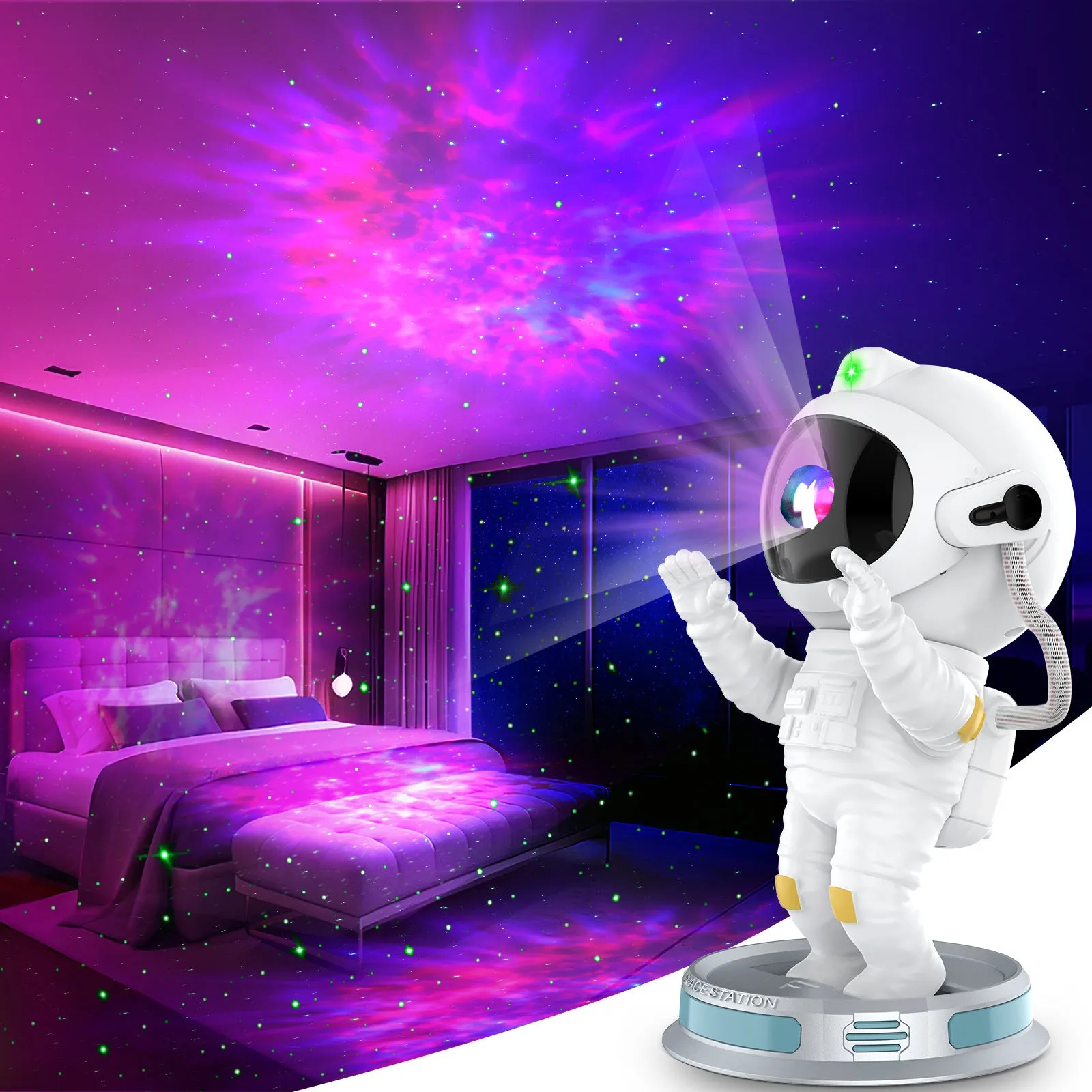 Exit Astronaut Starlight Projection Lamp in white with USB cable and remote control on a table