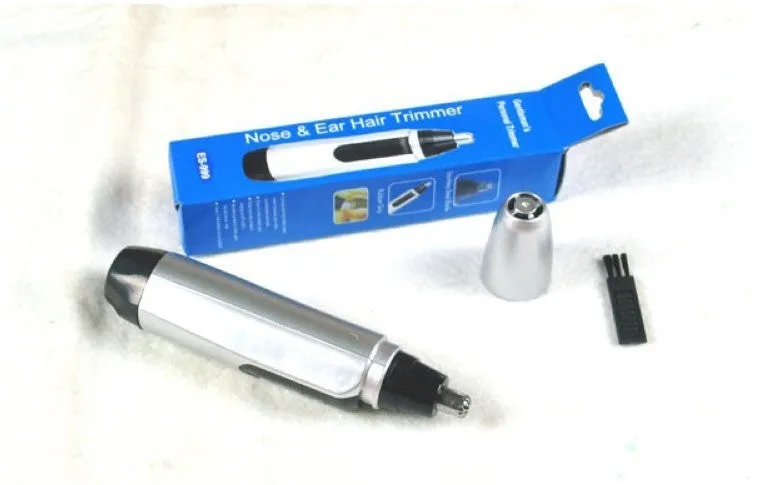 Compact electric nose hair trimmer with stainless steel cutting head and ABS body on white background