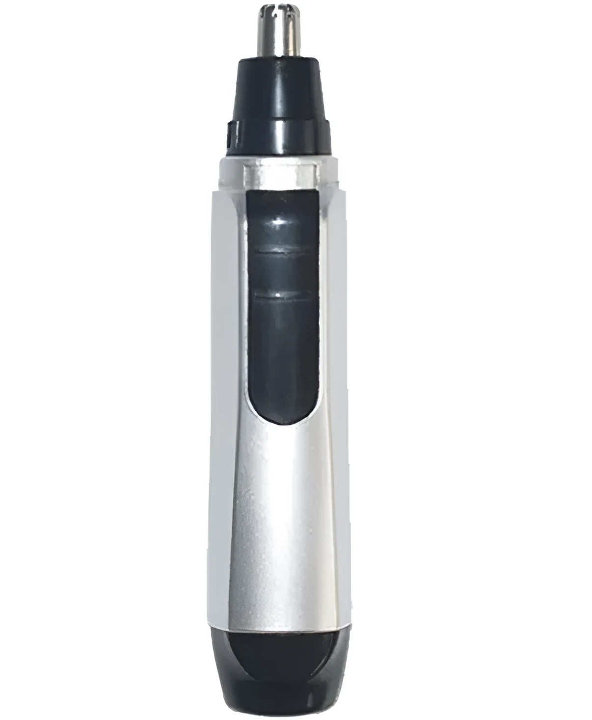 Compact electric nose hair trimmer with stainless steel cutting head and ABS body on white background