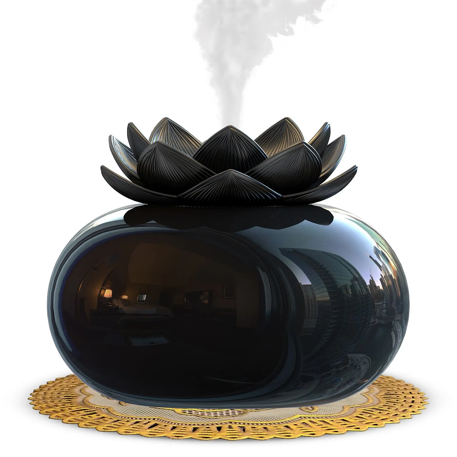 Pure black lotus-shaped USB aromatherapy humidifier with ceramic bowl on a table