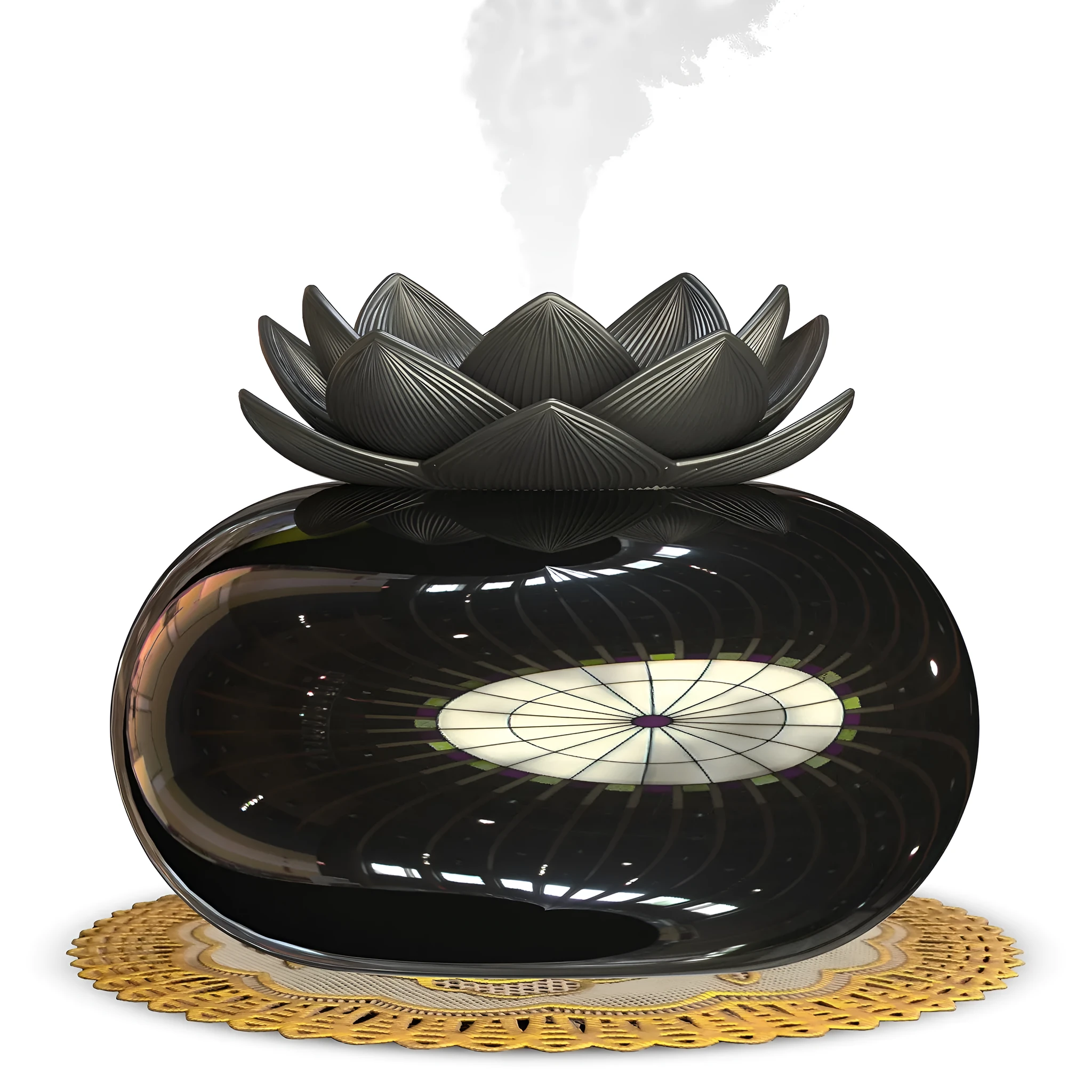 Pure black lotus-shaped USB aromatherapy humidifier with ceramic bowl on a table