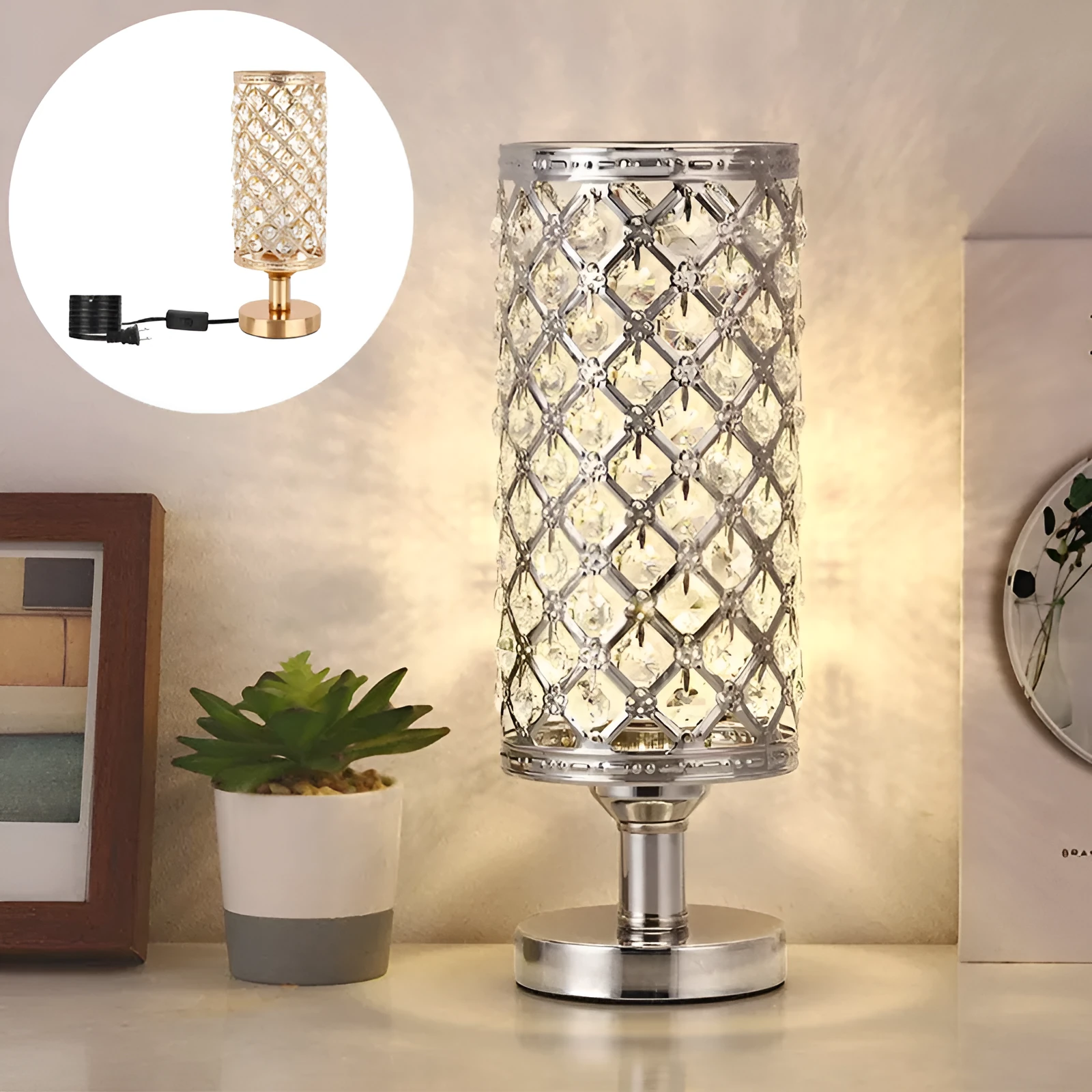 Modern crystal table lamp with hollow-carved design, metal base, gold finish, push button switch, on bedside table
