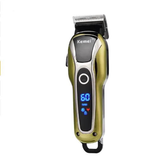 Professional rechargeable hair clipper with lithium battery, 4 guide combs, and UK adapter option on white background