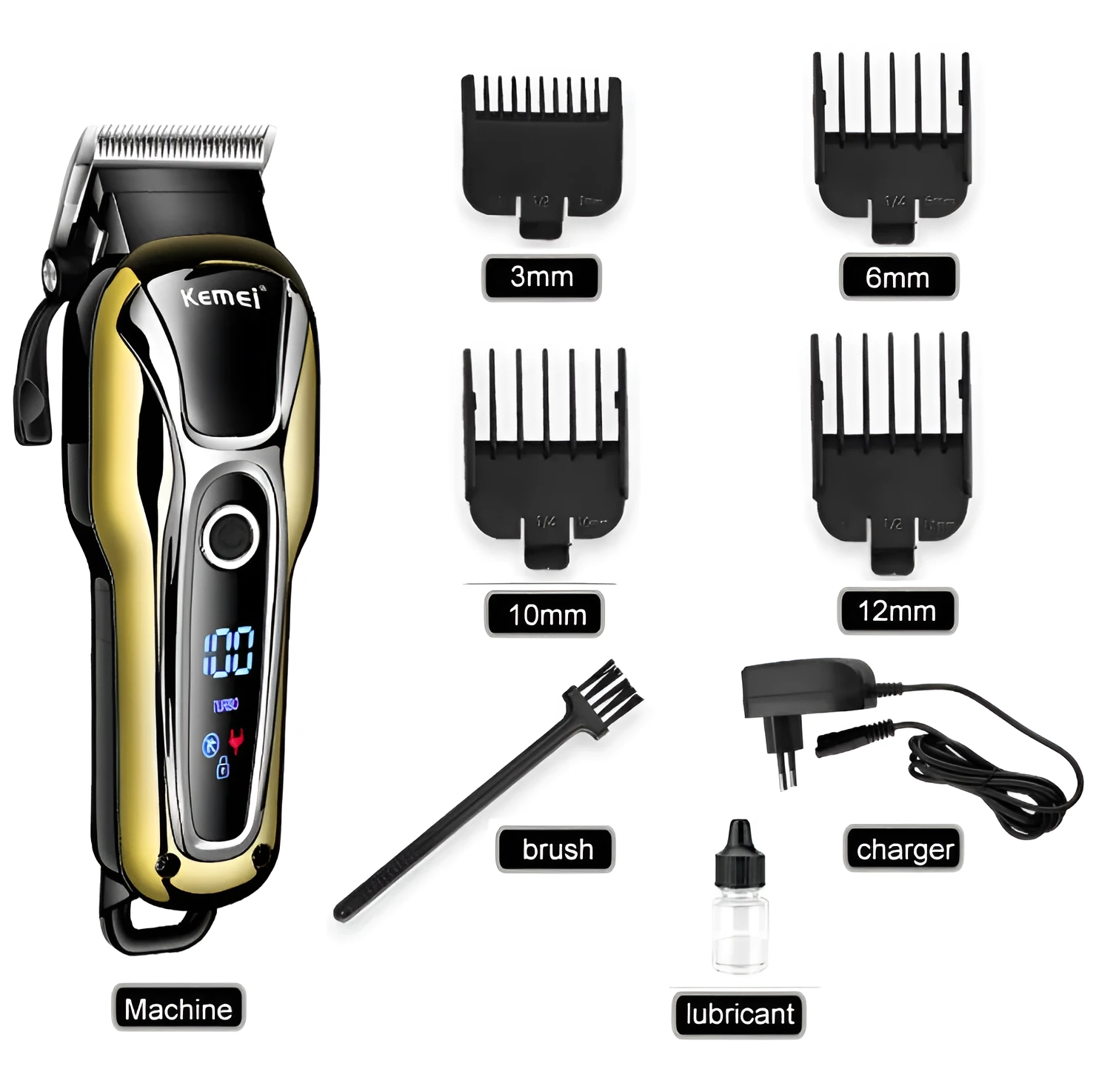 Professional rechargeable hair clipper with lithium battery, 4 guide combs, and UK adapter option on white background