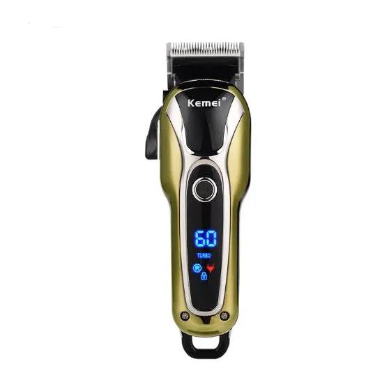 Professional rechargeable hair clipper with lithium battery, 4 guide combs, and UK adapter option on white background