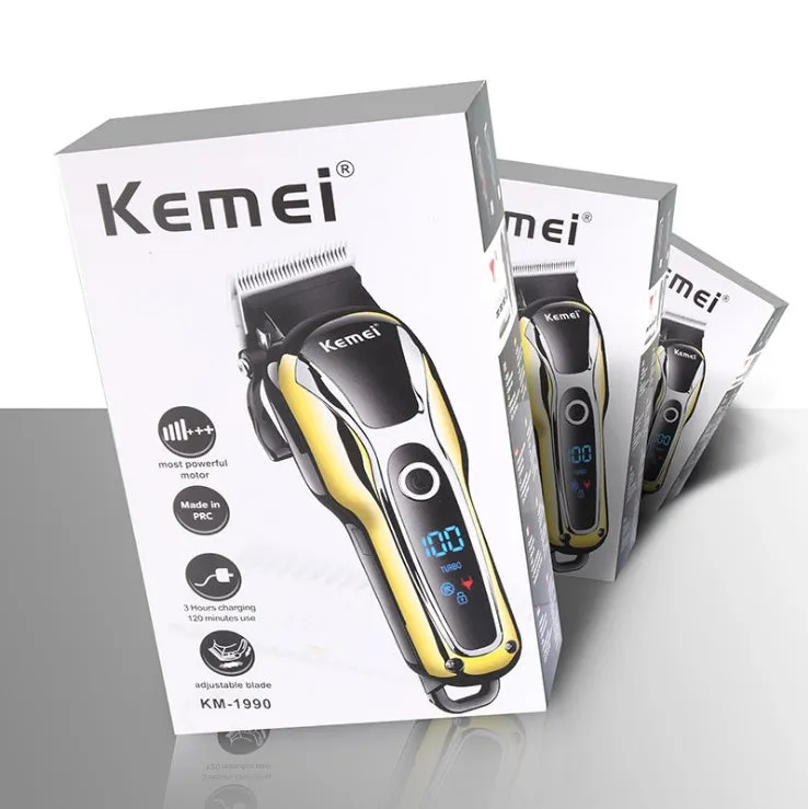 Professional rechargeable hair clipper with lithium battery, 4 guide combs, and UK adapter option on white background