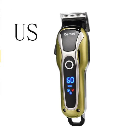 Professional rechargeable hair clipper with lithium battery, 4 guide combs, and UK adapter option on white background