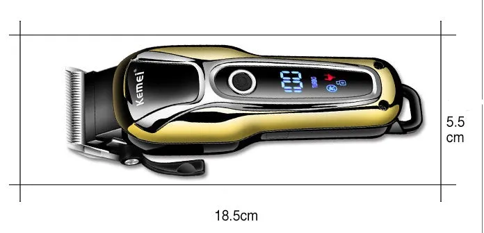 Professional rechargeable hair clipper with lithium battery, 4 guide combs, and UK adapter option on white background