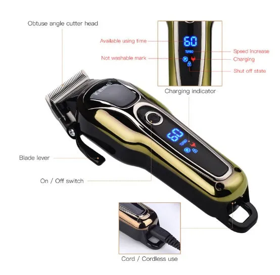 Professional rechargeable hair clipper with lithium battery, 4 guide combs, and UK adapter option on white background