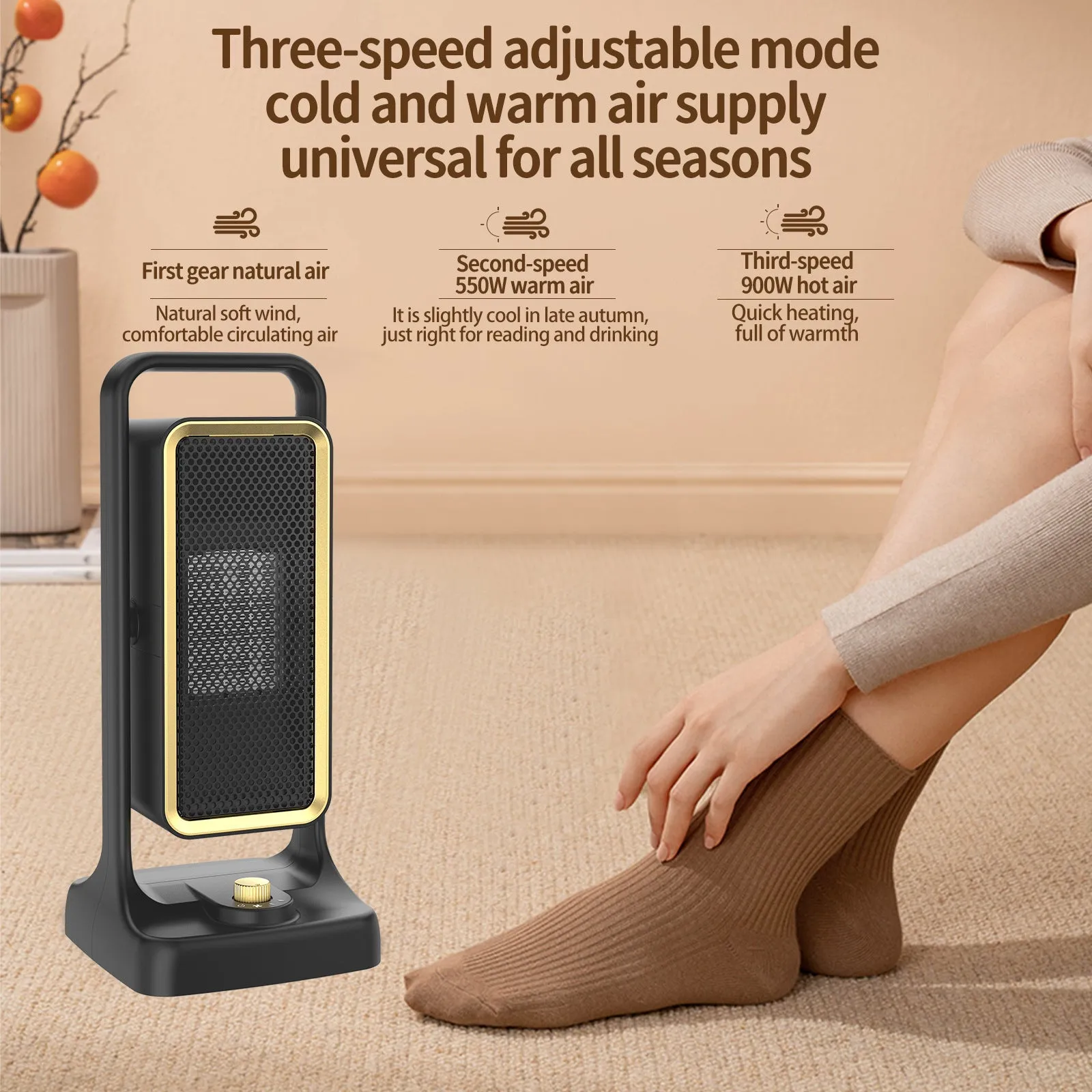 Black PTC ceramic desktop air heater with control knob showing compact dimensions