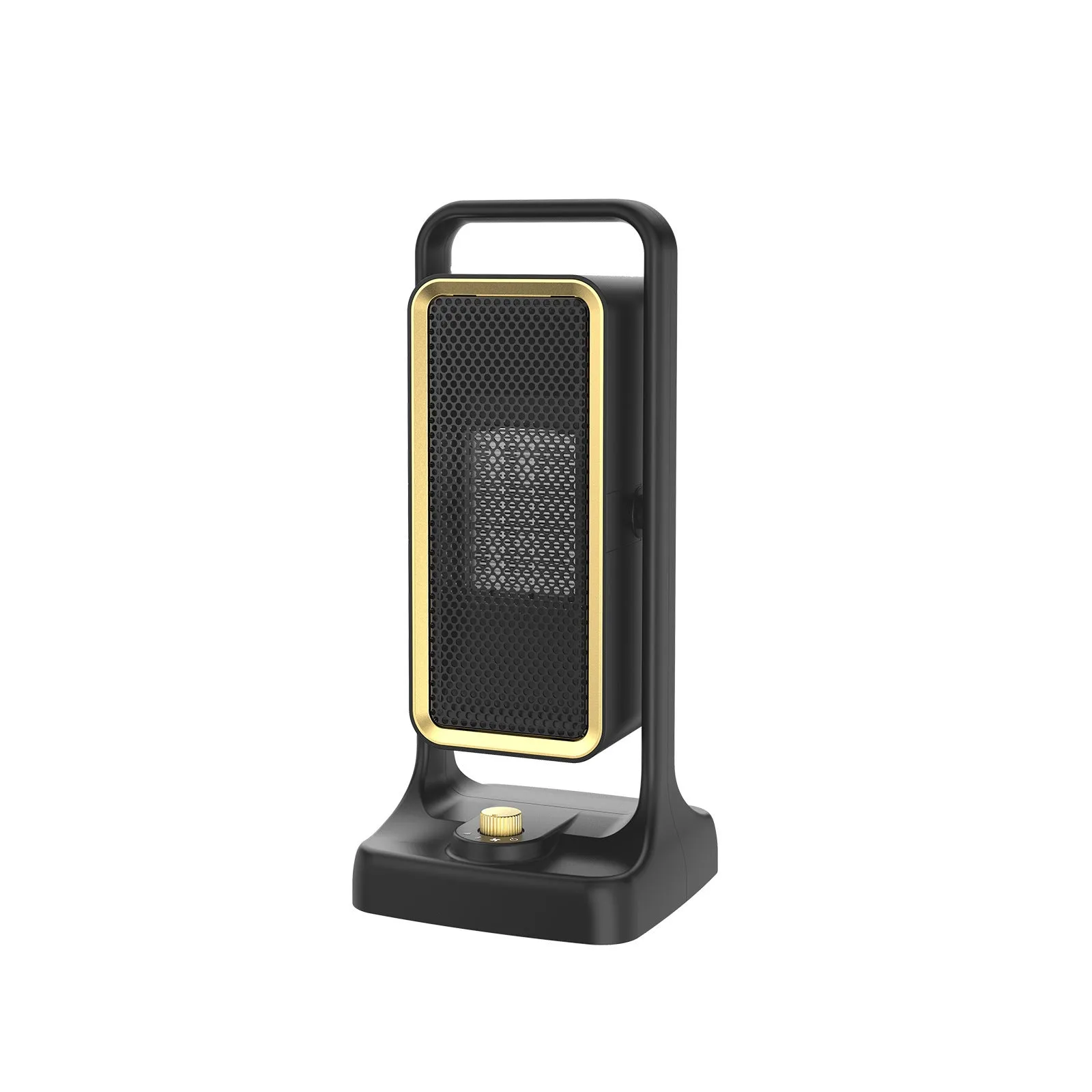 Black PTC ceramic desktop air heater with control knob showing compact dimensions