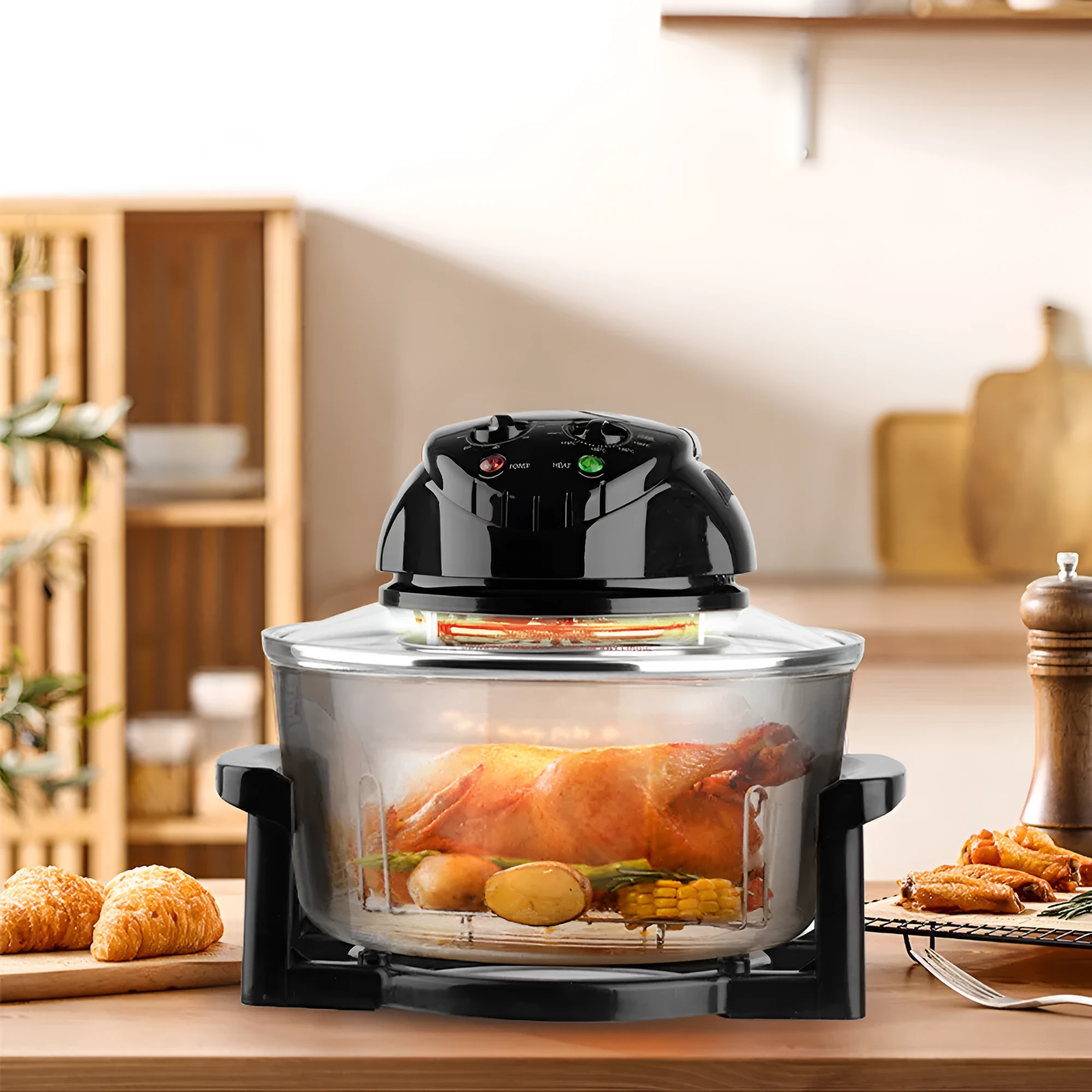 Multi-functional air fryer with visual window, touch panel, black plastic body, EU plug, 1200W convection heating