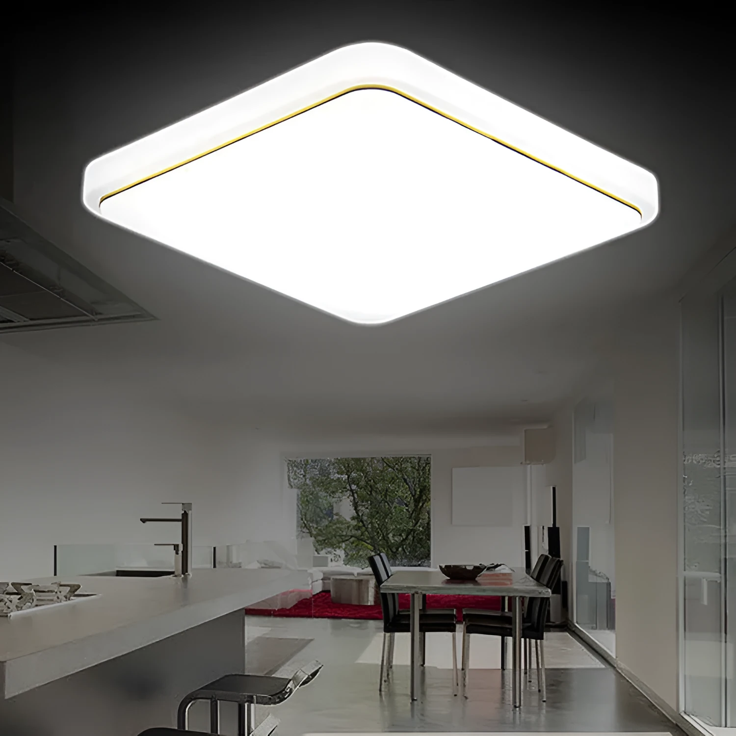 Simple square LED ceiling lamp in gold line finish, 30x30cm size, white light for indoor use