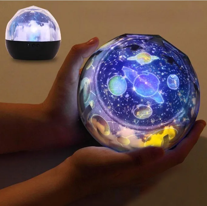 Galaxy projector lamp with diamond-shaped shell showing earth pattern on a table