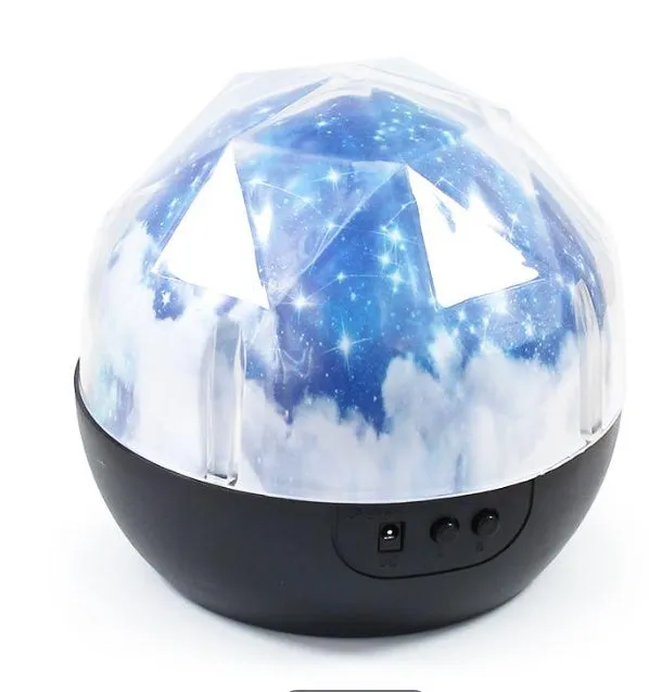 Galaxy projector lamp with diamond-shaped shell showing earth pattern on a table