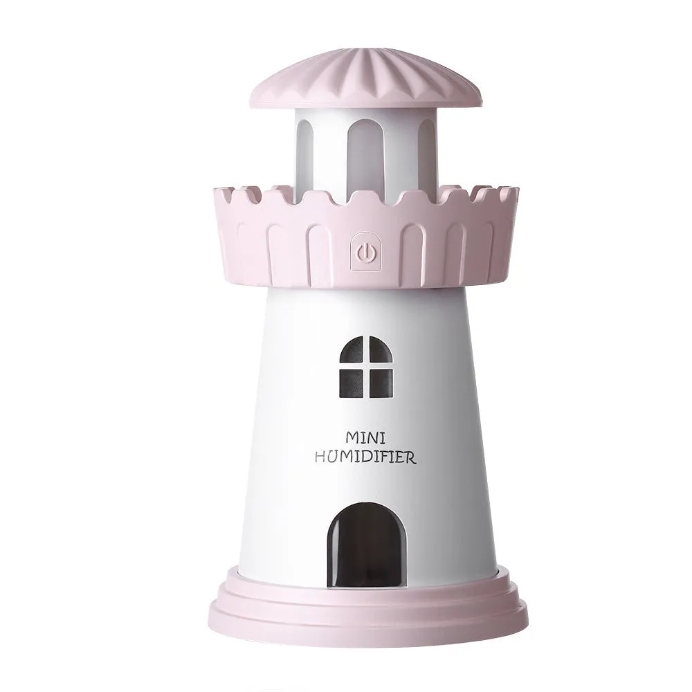 Home lighthouse humidifier in green with USB night light and ultrasonic mist, 80mm