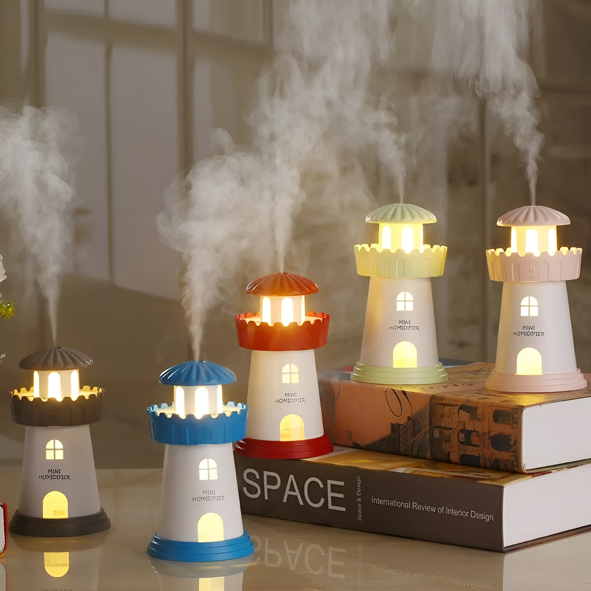 Home lighthouse humidifier in green with USB night light and ultrasonic mist, 80mm
