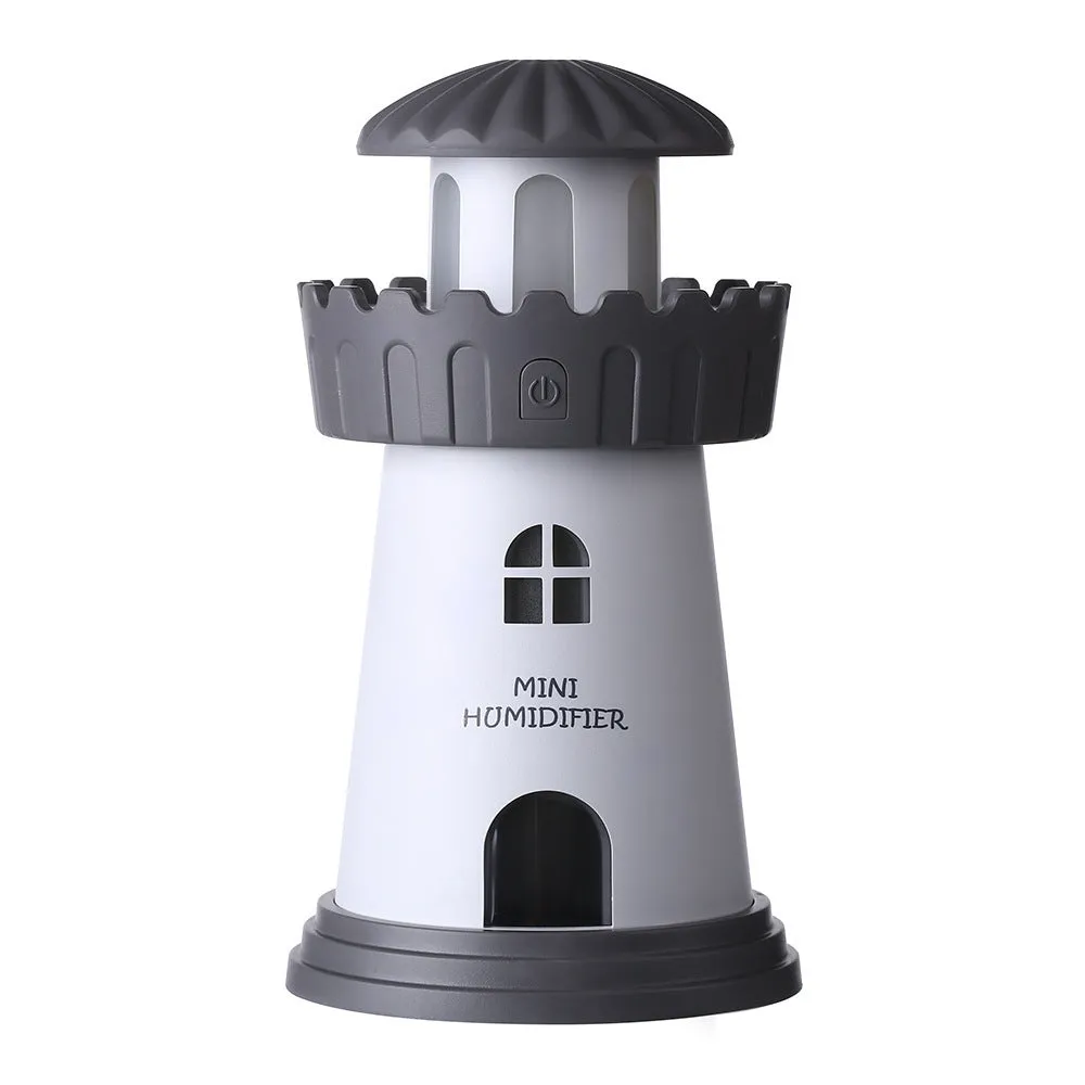 Home lighthouse humidifier in green with USB night light and ultrasonic mist, 80mm