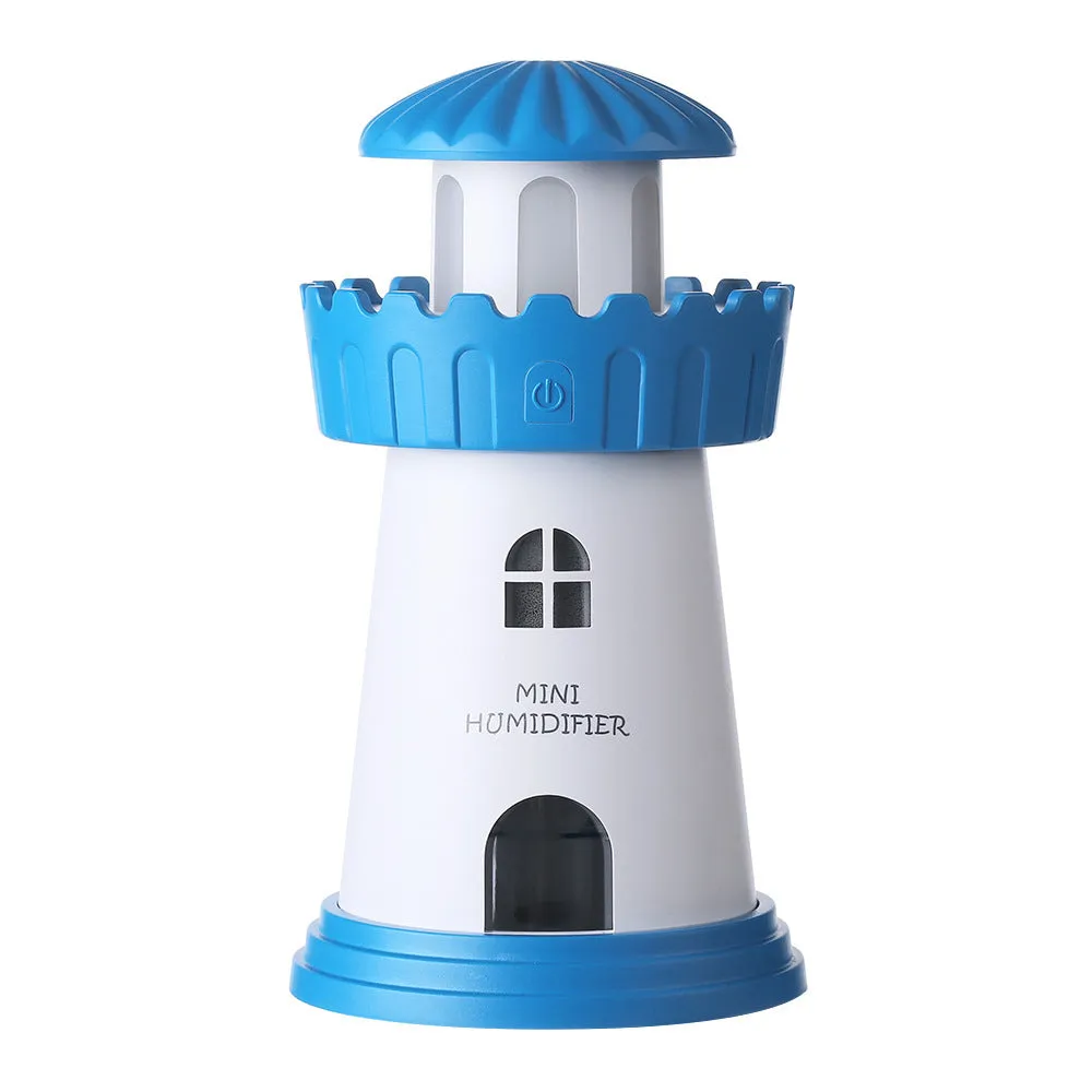 Home lighthouse humidifier in green with USB night light and ultrasonic mist, 80mm