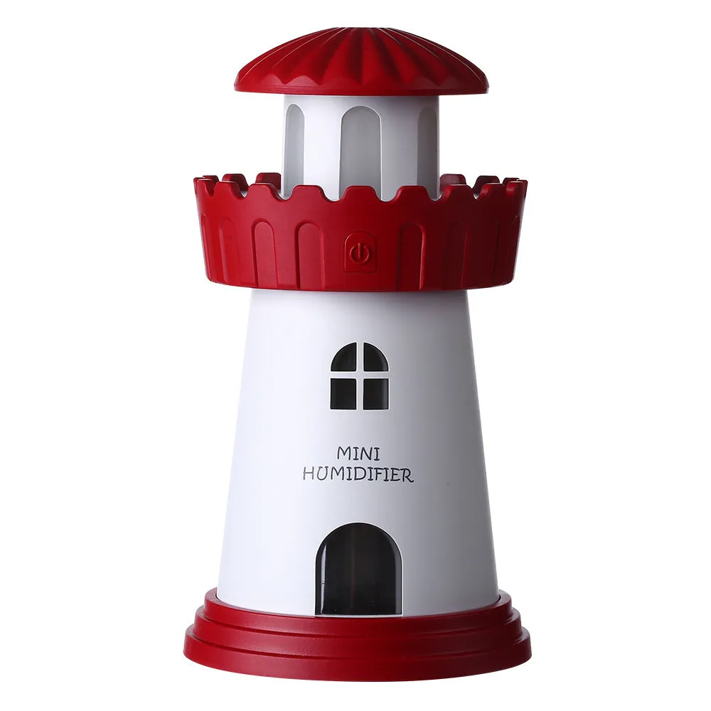 Home lighthouse humidifier in green with USB night light and ultrasonic mist, 80mm