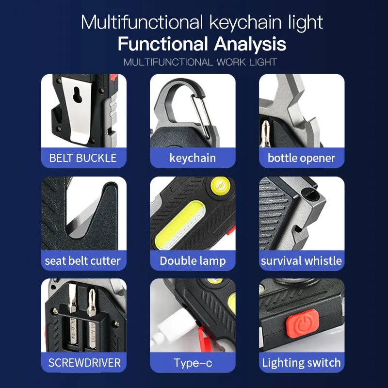 Multifunctional charging emergency light with COB high brightness, mountaineering buckle, and bottle opener on a keychain