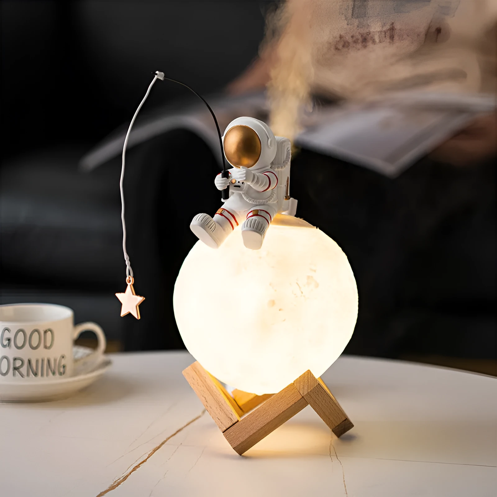 Gold resin astronaut figurine with wooden base, USB cold fog humidifier and night light, 28cm tall