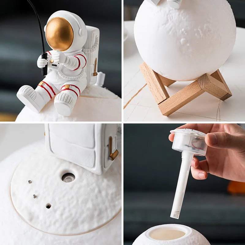 Gold resin astronaut figurine with wooden base, USB cold fog humidifier and night light, 28cm tall