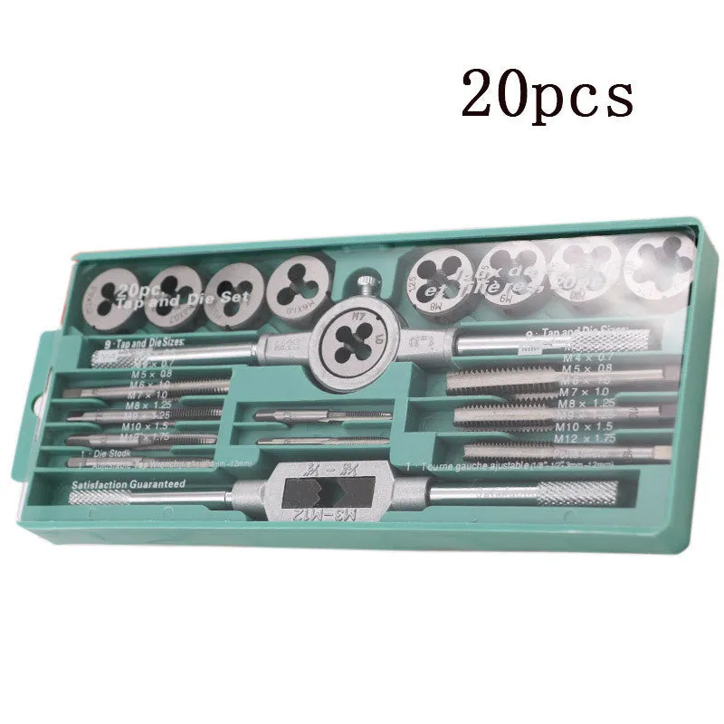 20-piece alloy steel hand tap and die set with silver or titanium-plated finish options.