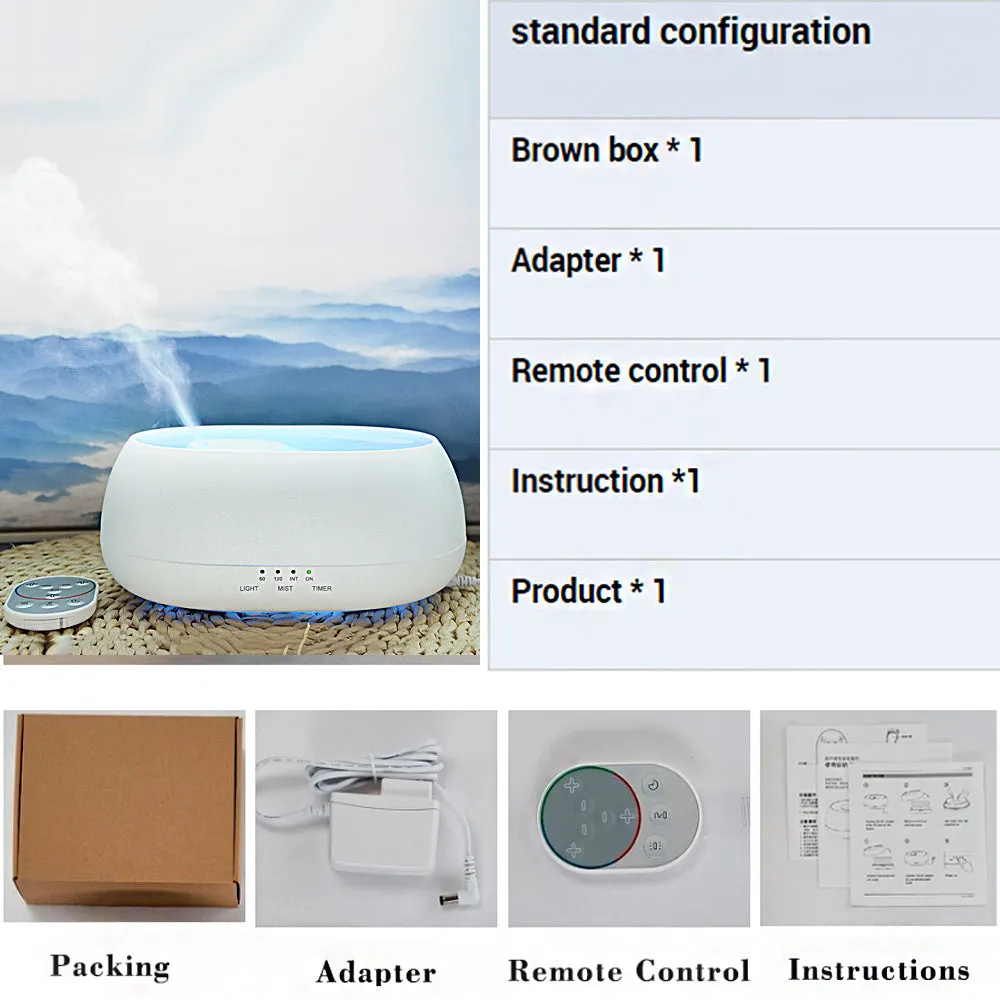 HOMEFISH 500ml white ultrasonic aroma diffuser with remote control and colourful LED light on a table