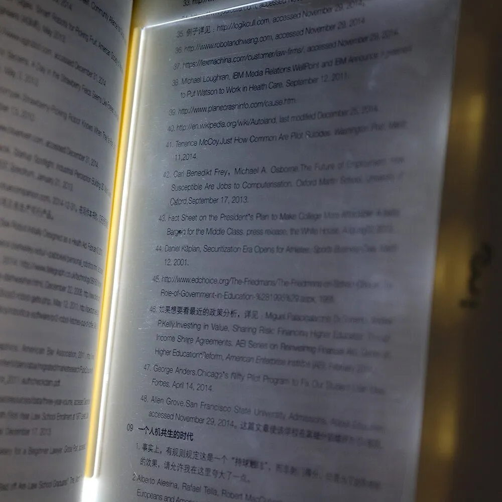 Dimmable LED panel book reading lamp with PMMA acrylic lens on a book page