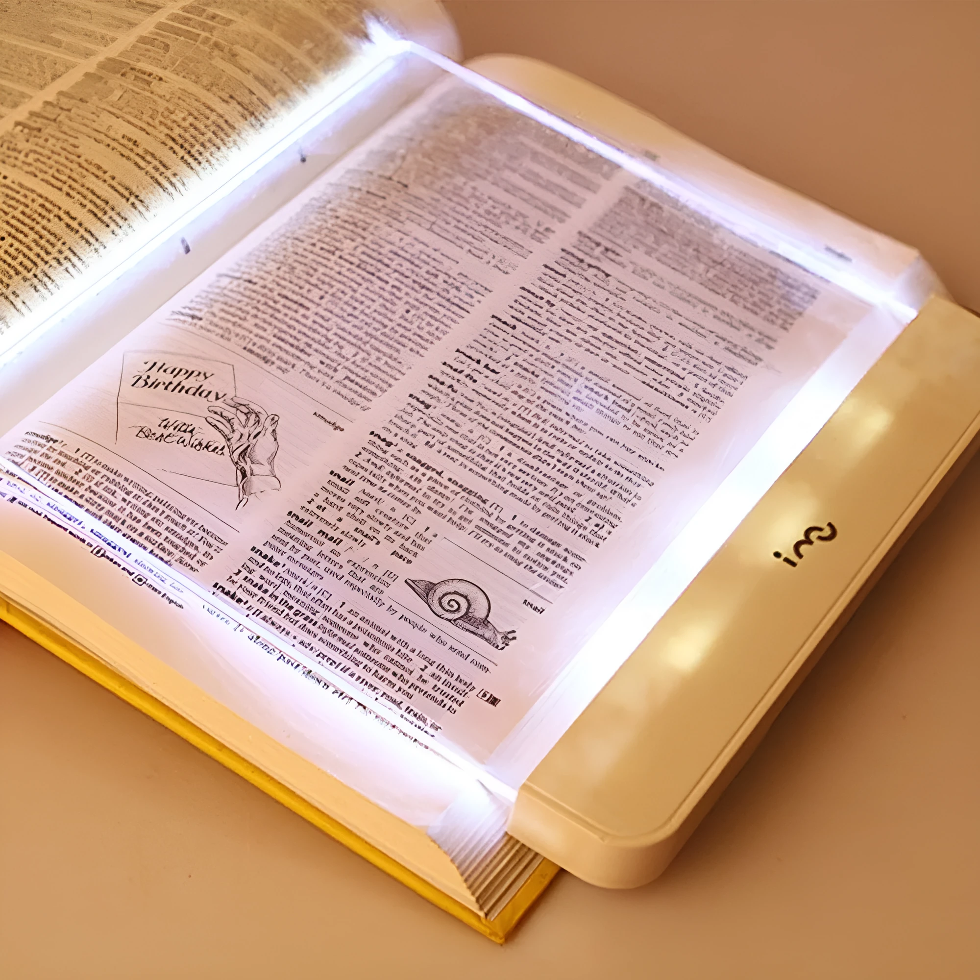 Dimmable LED panel book reading lamp with PMMA acrylic lens on a book page