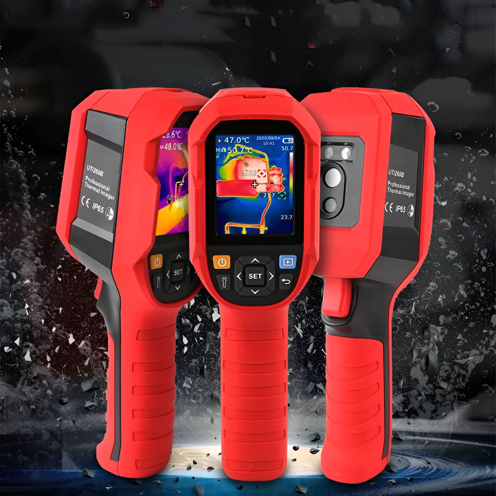 UTi series handheld infrared thermal imager on a table with USB cable and storage card.