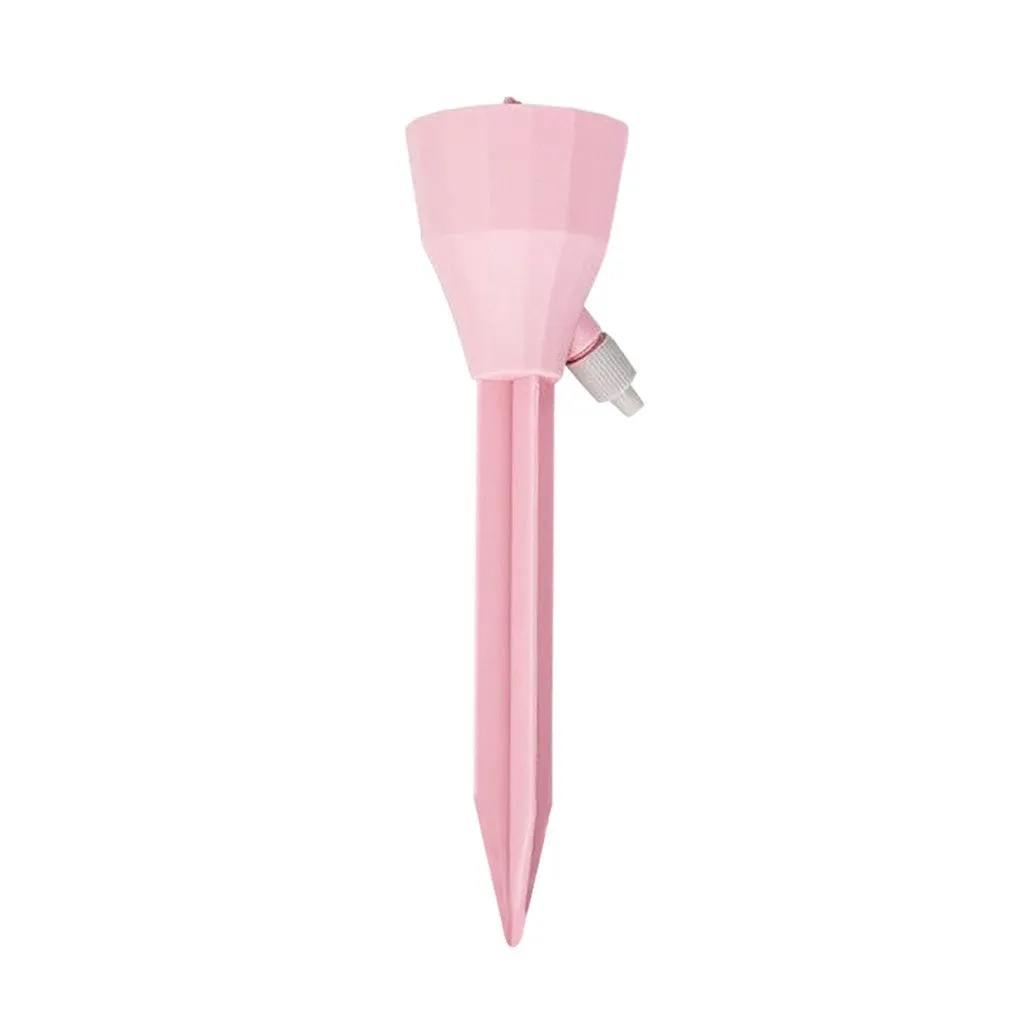 Automatic garden watering device in white, pink, and blue PP plastic, 16.5cm tall, for plant root watering